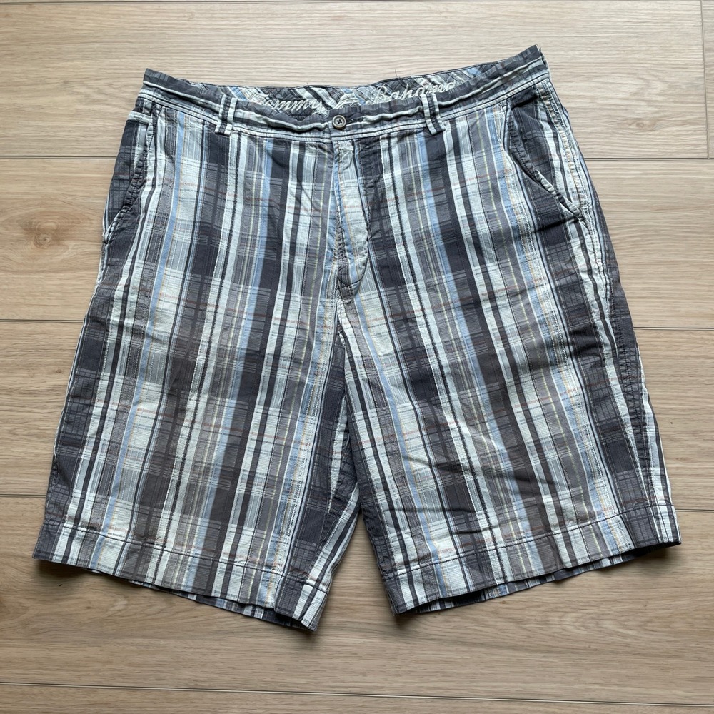 Tommy Bahama Mens Plaid Shorts Size 36 Blue Grey Cotton Silk Blend Flat‎ Front